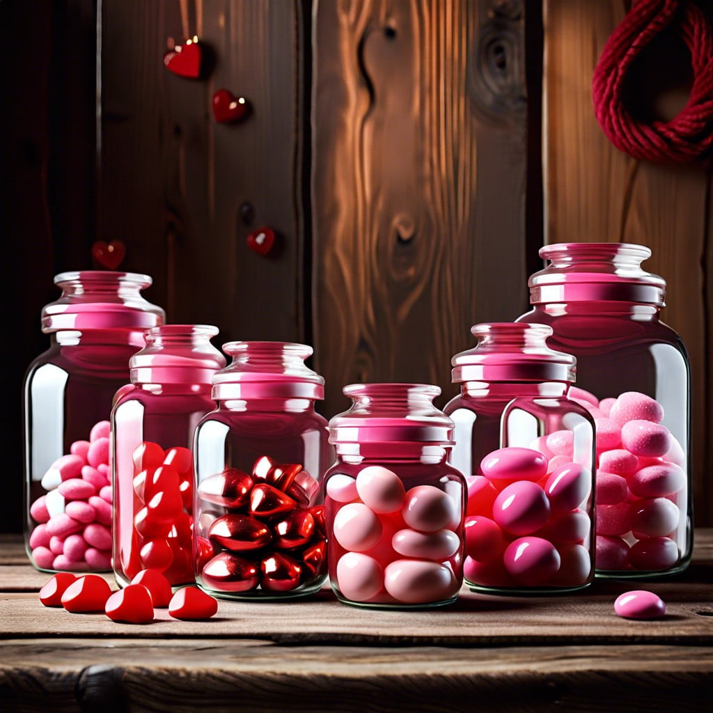 fill jars with pink and red candy