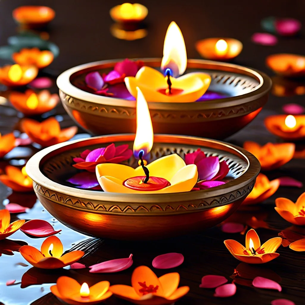 floating diya displays in water bowls