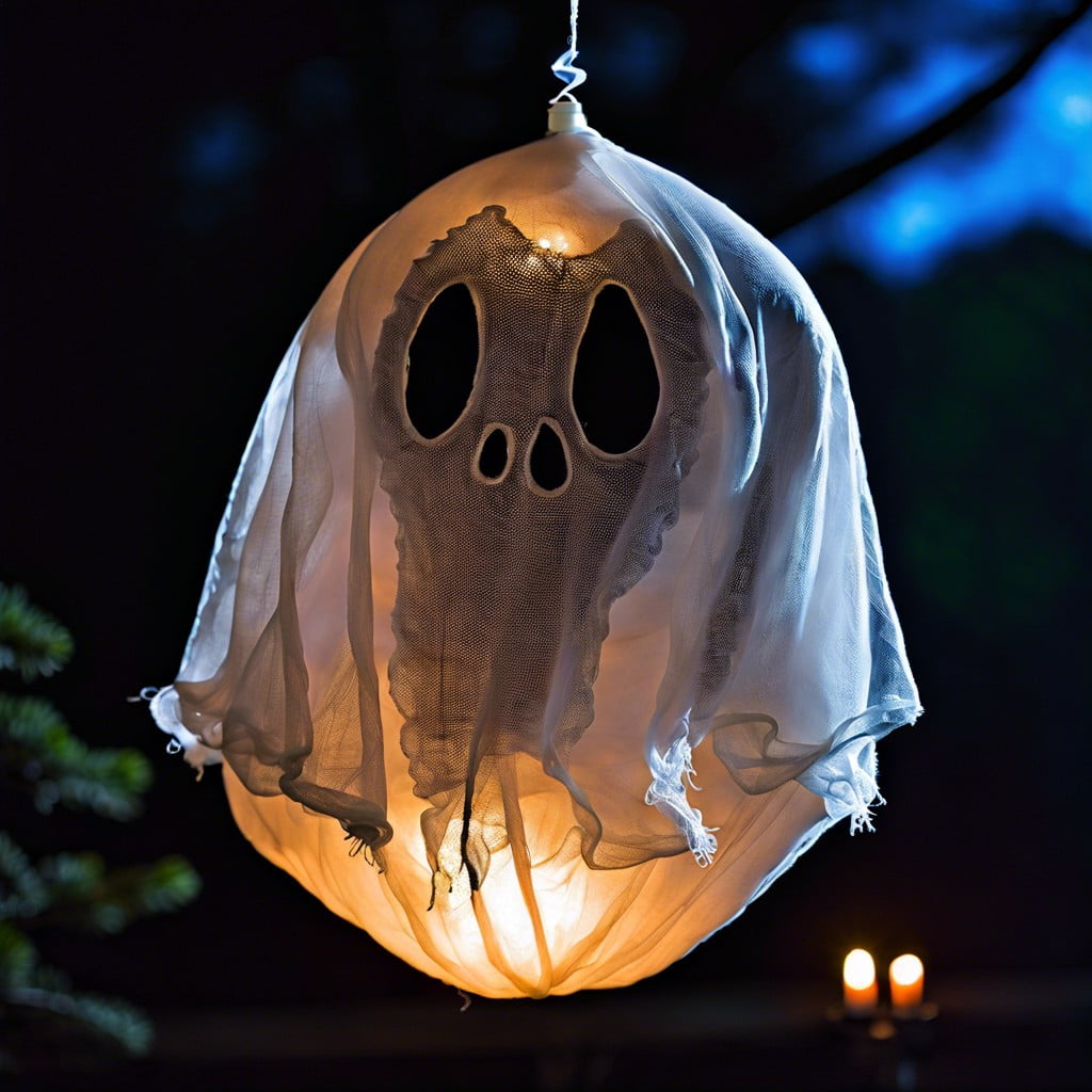 floating ghosts shape cheesecloth with fabric stiffener over balloons sprinkled with glow in the dark paint