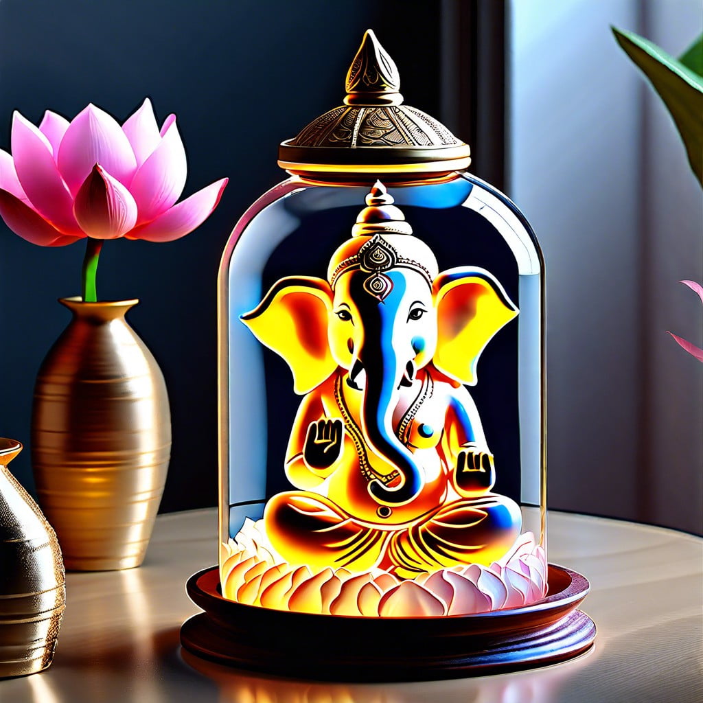 ganesh idol on a water filled glass container
