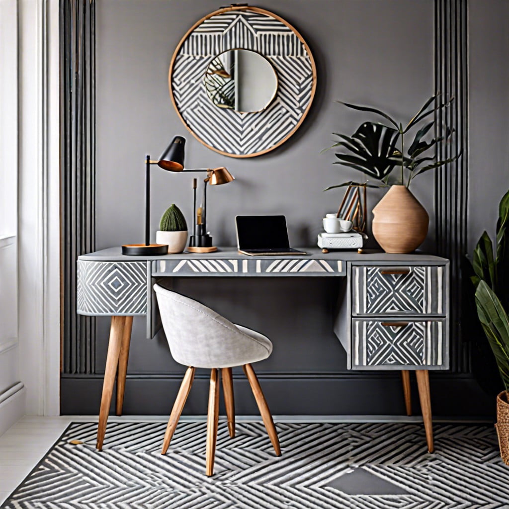 geometric patterns on grey chalk painted desks