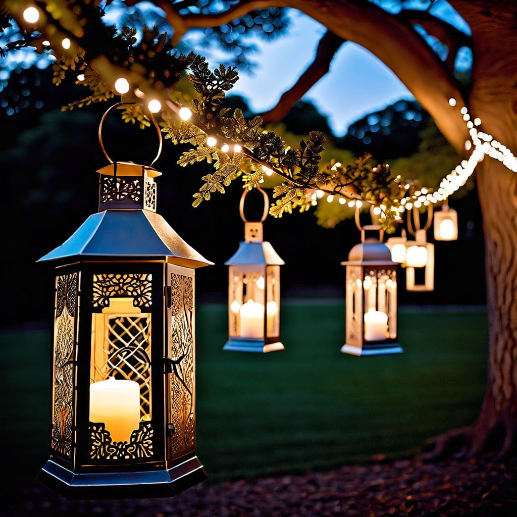 hang metal lanterns from trees or ceilings for a rustic vibe