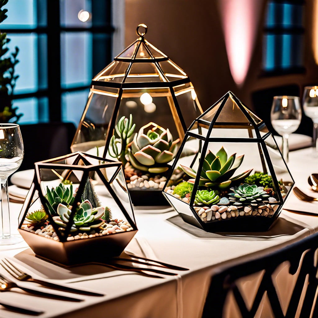incorporate geometric terrariums with plants for table decor