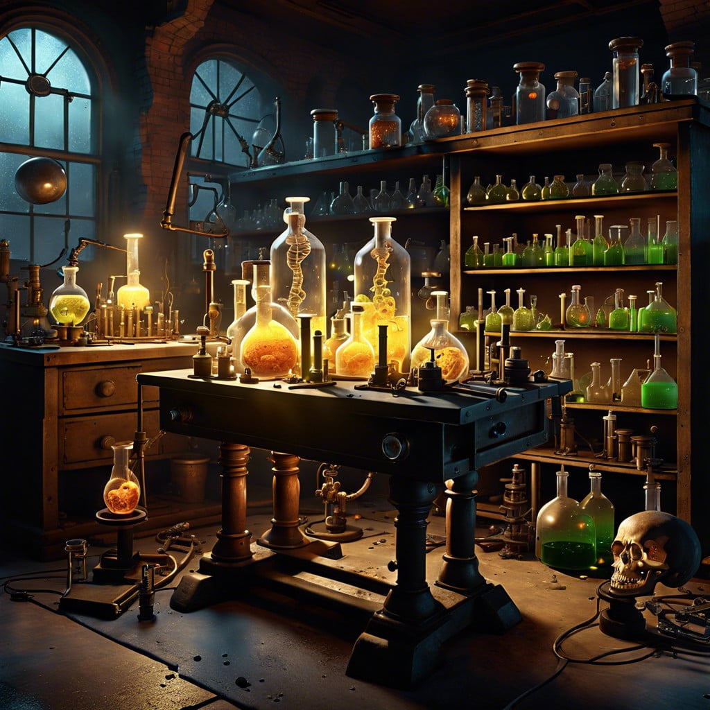 mad scientists lab with skeleton experiments