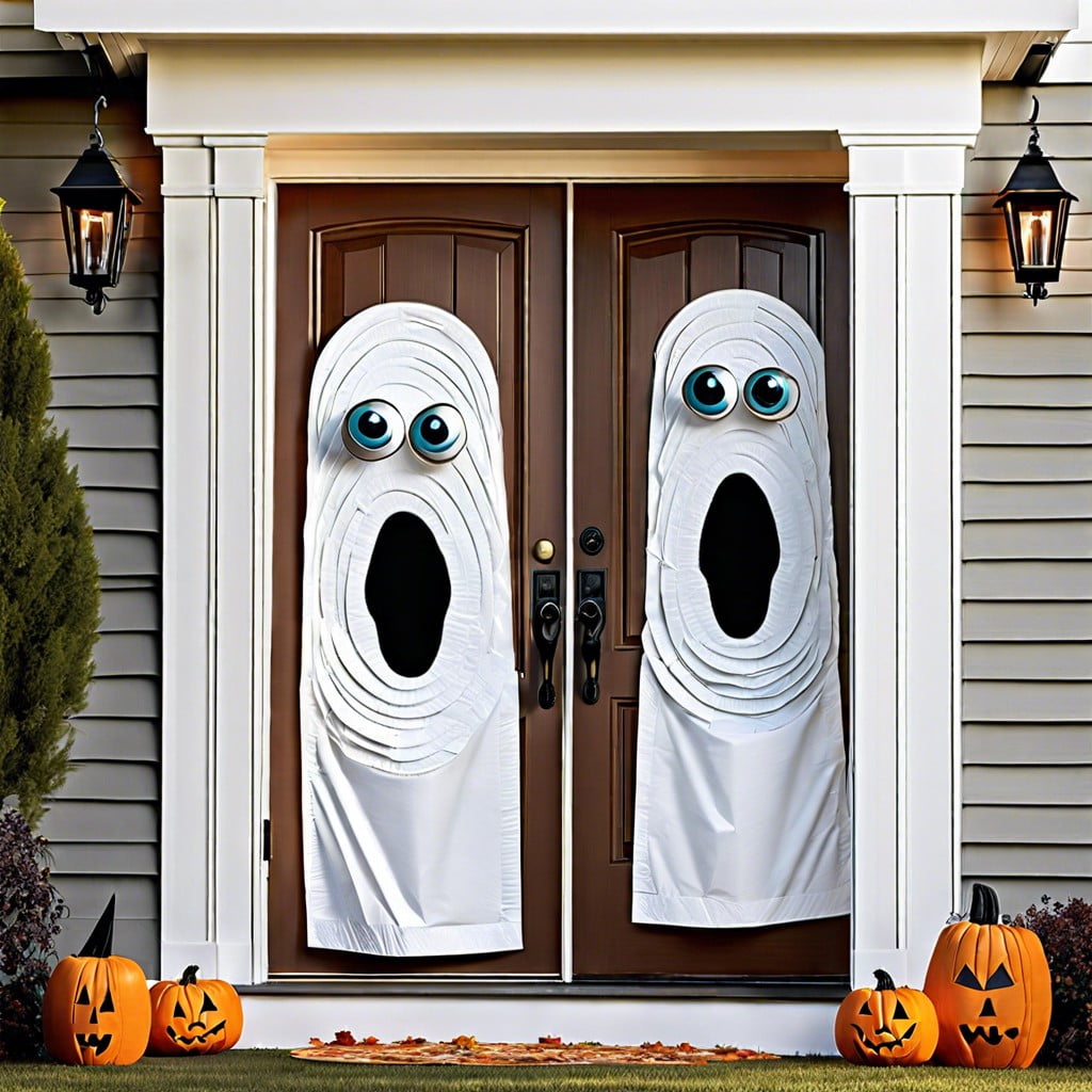 monster door wrap door with toilet paper and use paper plates for eyes