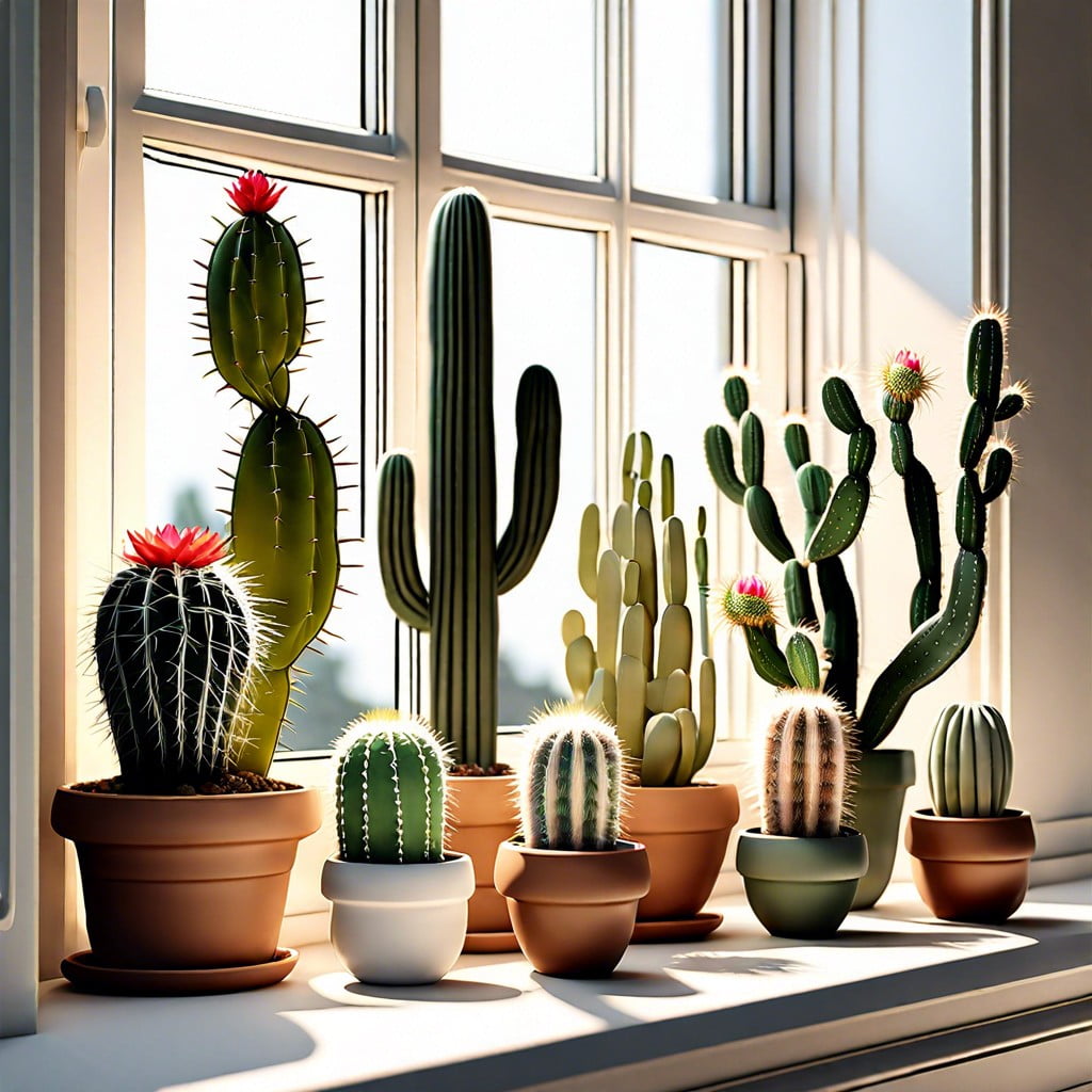 place a mini cactus collection on a windowsill