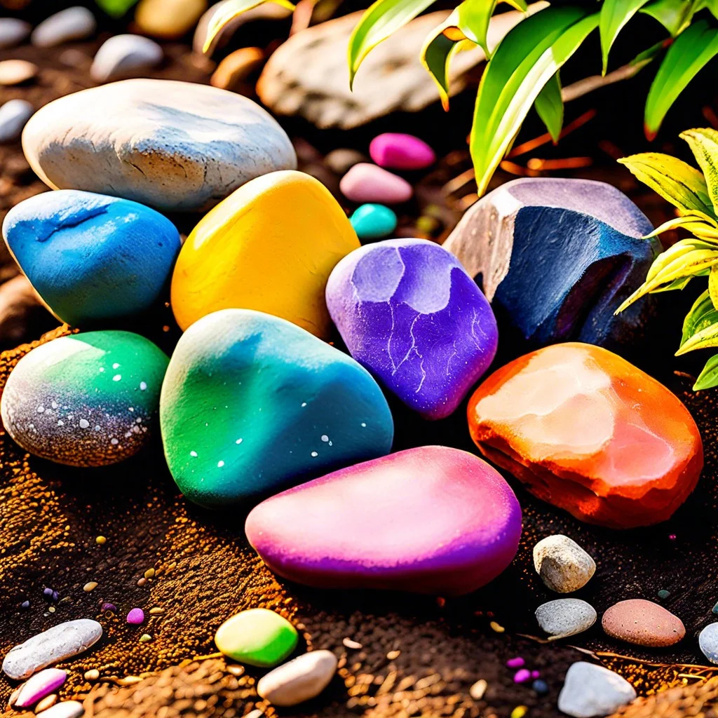 rainbow chalk painted rocks garden