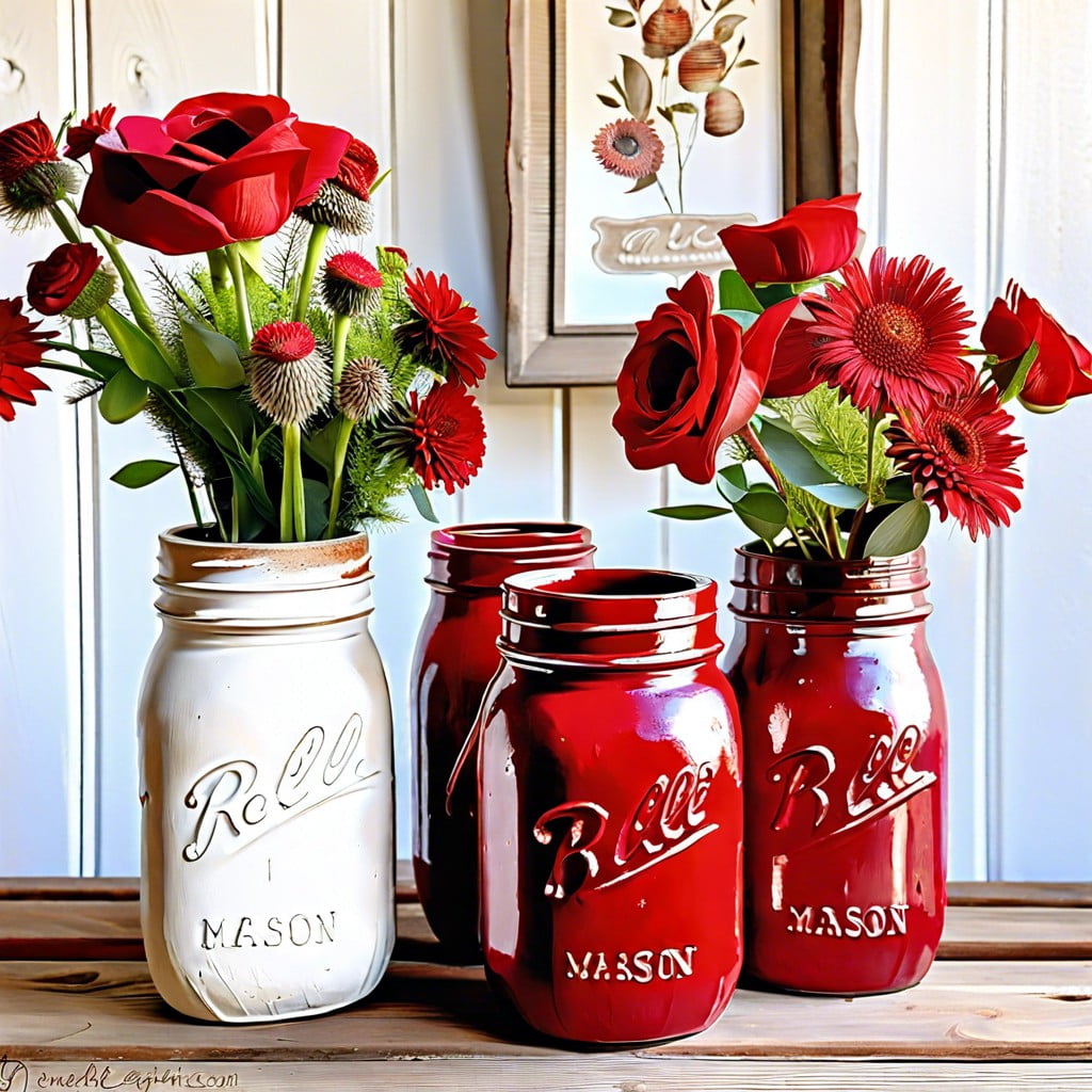 repurpose old jars into vases with a red chalk paint dip