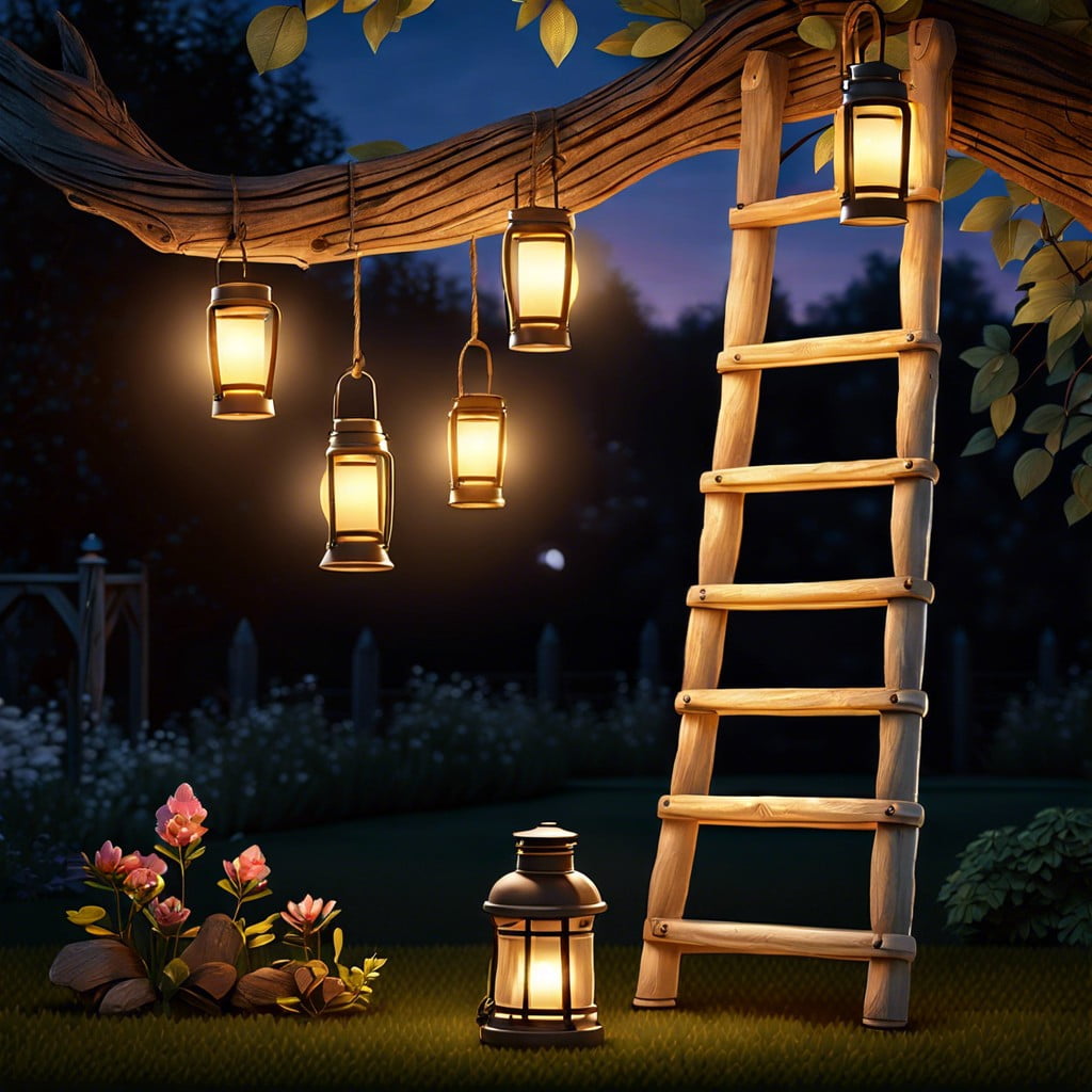 rustic ladder hanging with lanterns