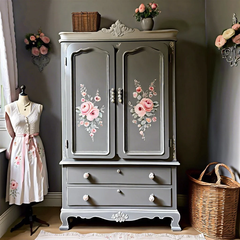 shabby chic grey wardrobe with floral motifs