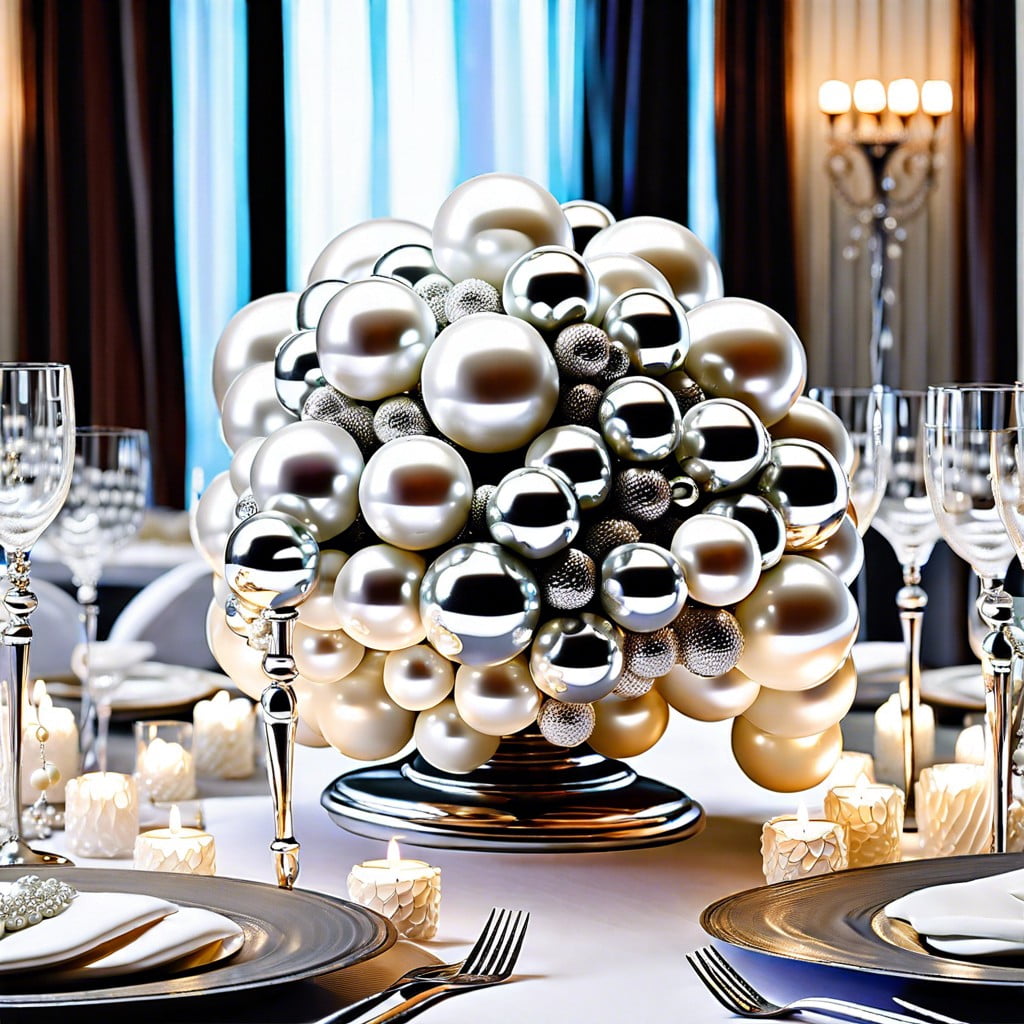 silver sphere shiny baubles and draped pearls centerpiece
