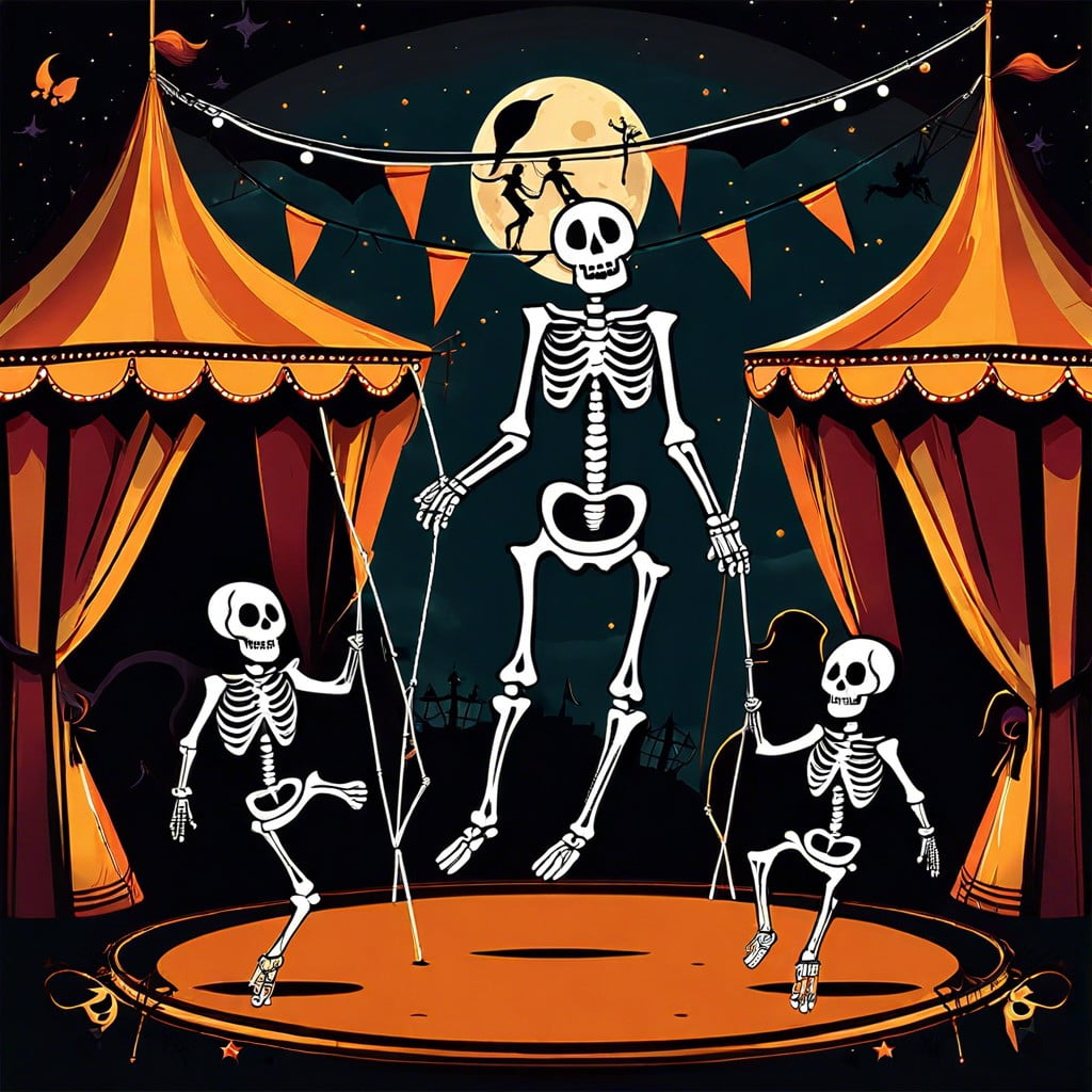 skeleton circus troupe with tightrope and rings
