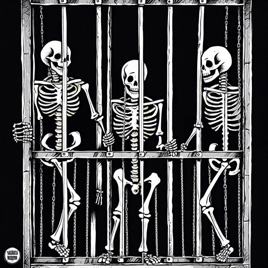skeleton jailbirds peeking from a fake cell