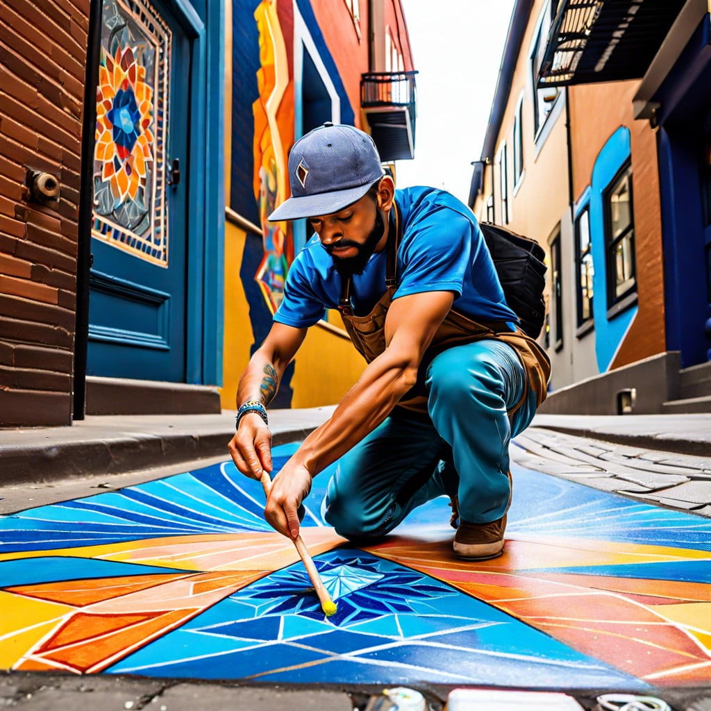 street artists using blue diamond on the pavement