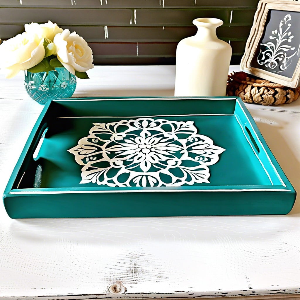 teal chalk paint decorative tray with white stencil