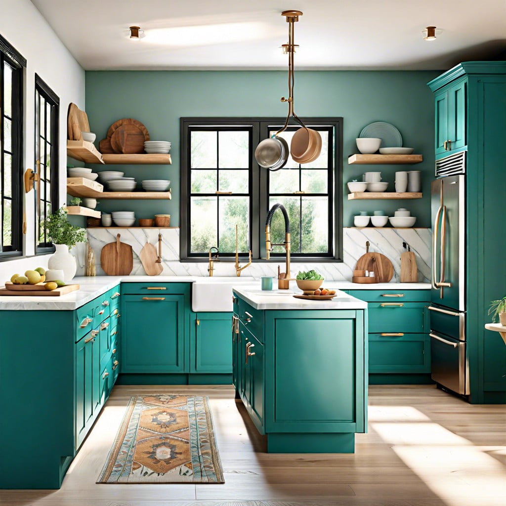 teal chalk painted kitchen cabinets