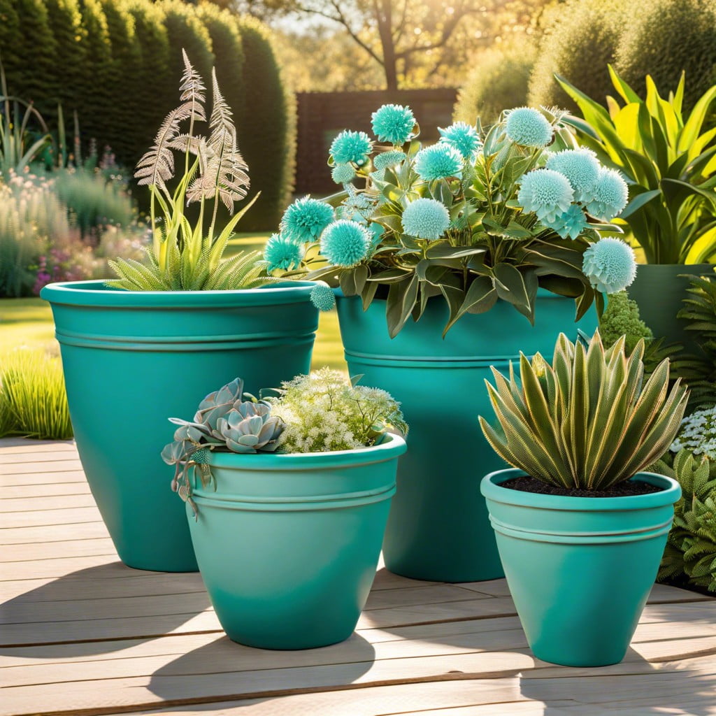 teal chalk painted plant pots for a garden pop
