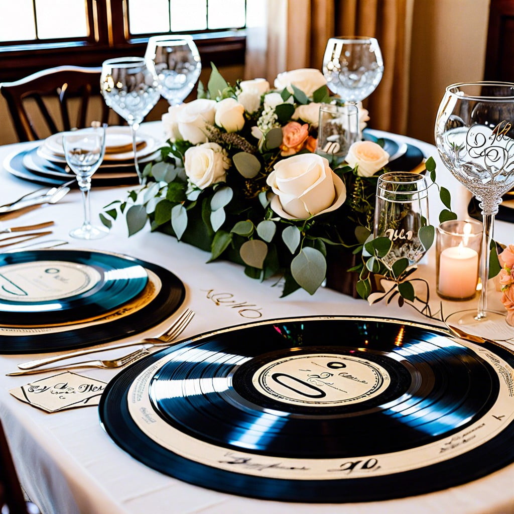 use personalized vinyl records as place mats or table numbers