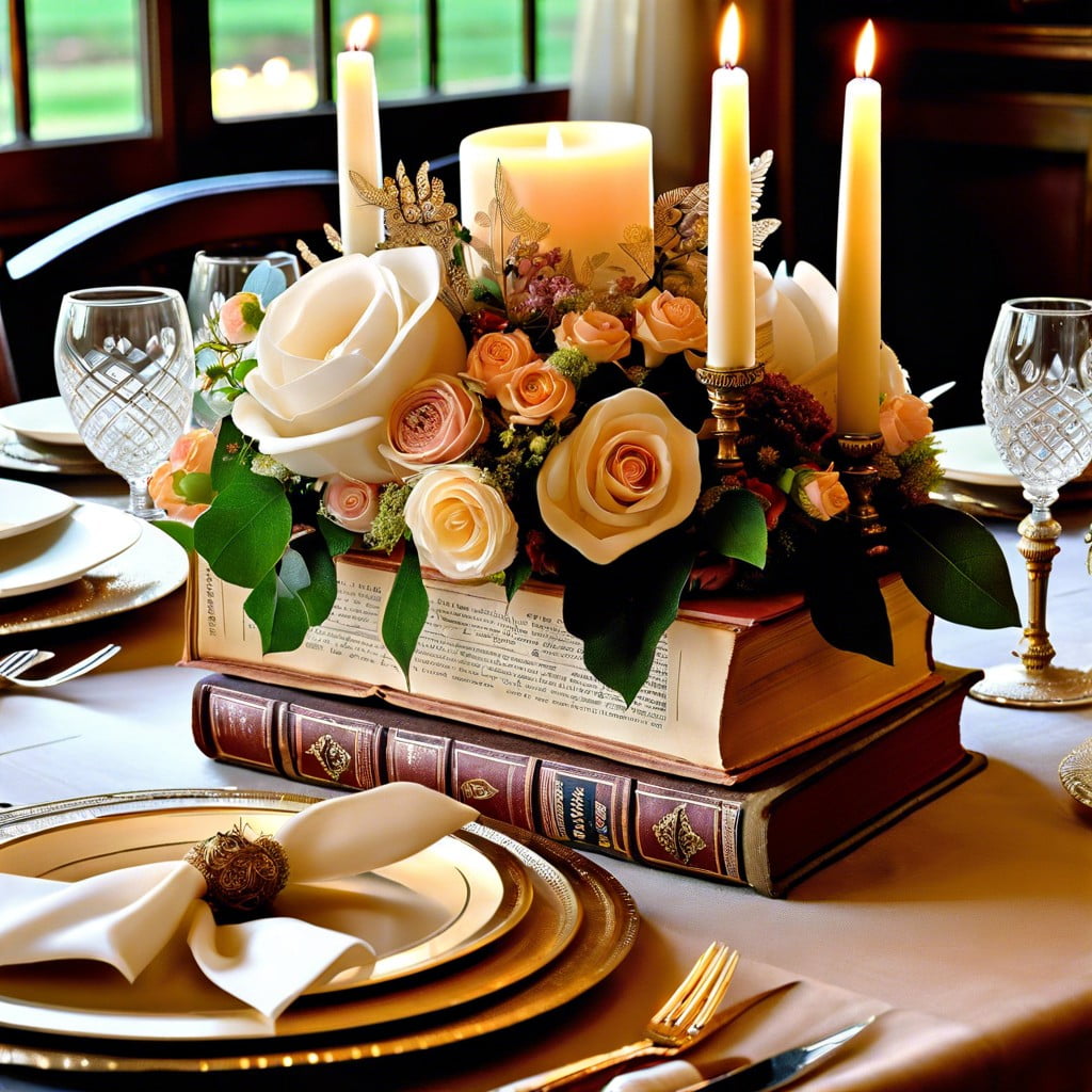 use vintage books as part of the table centerpieces