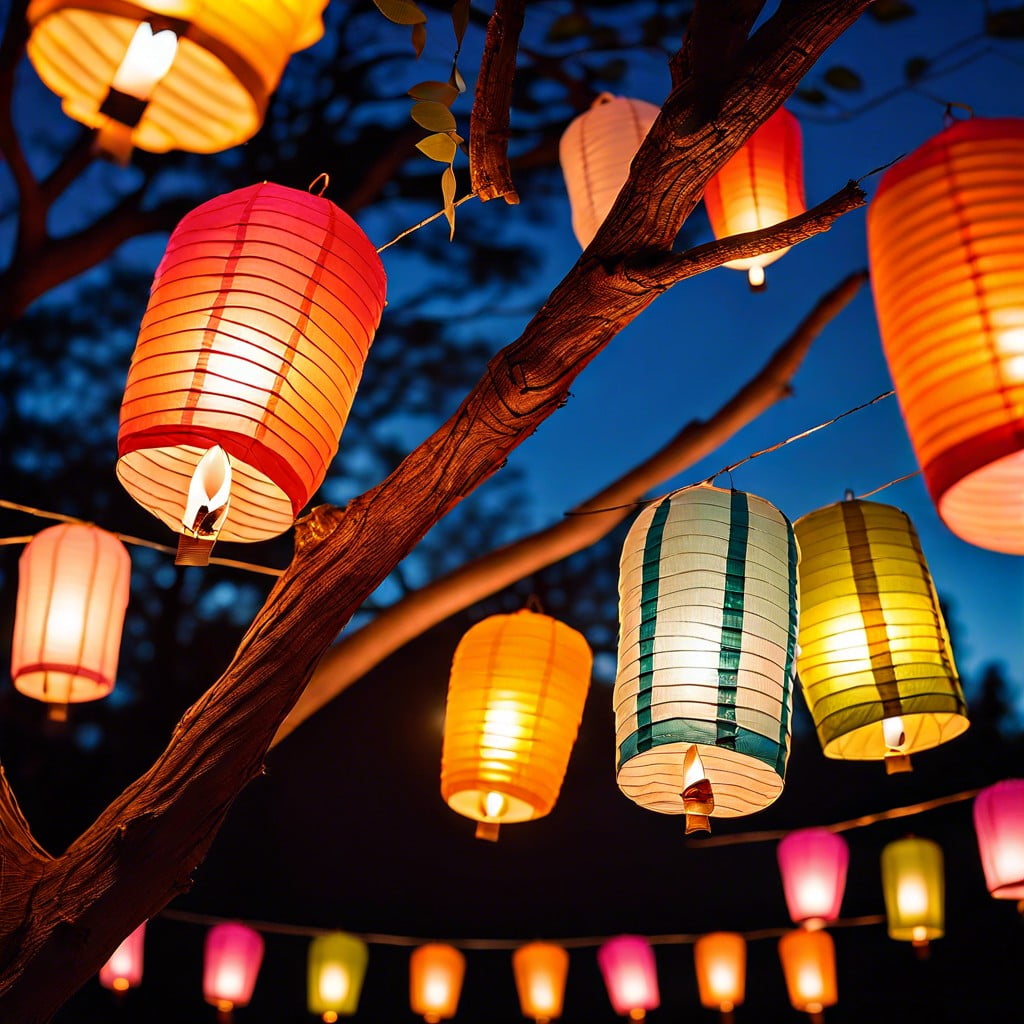 vibrant paper lanterns in trees