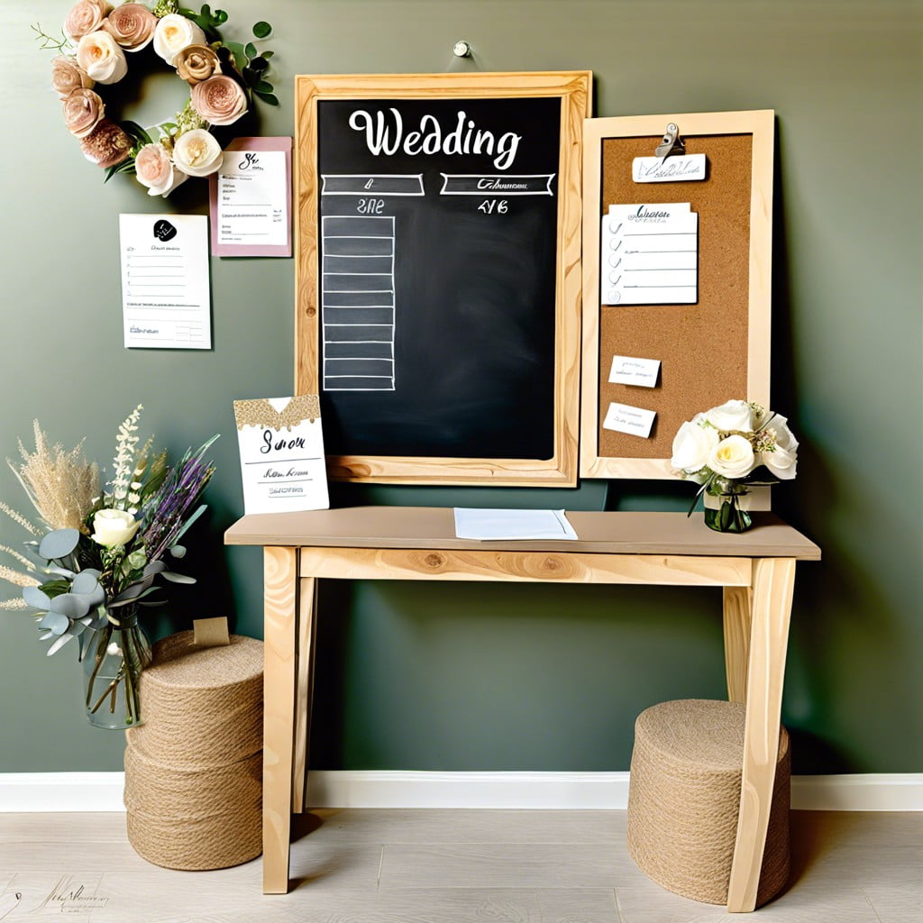 wedding planning station chalk for checklist cork for vendor cards
