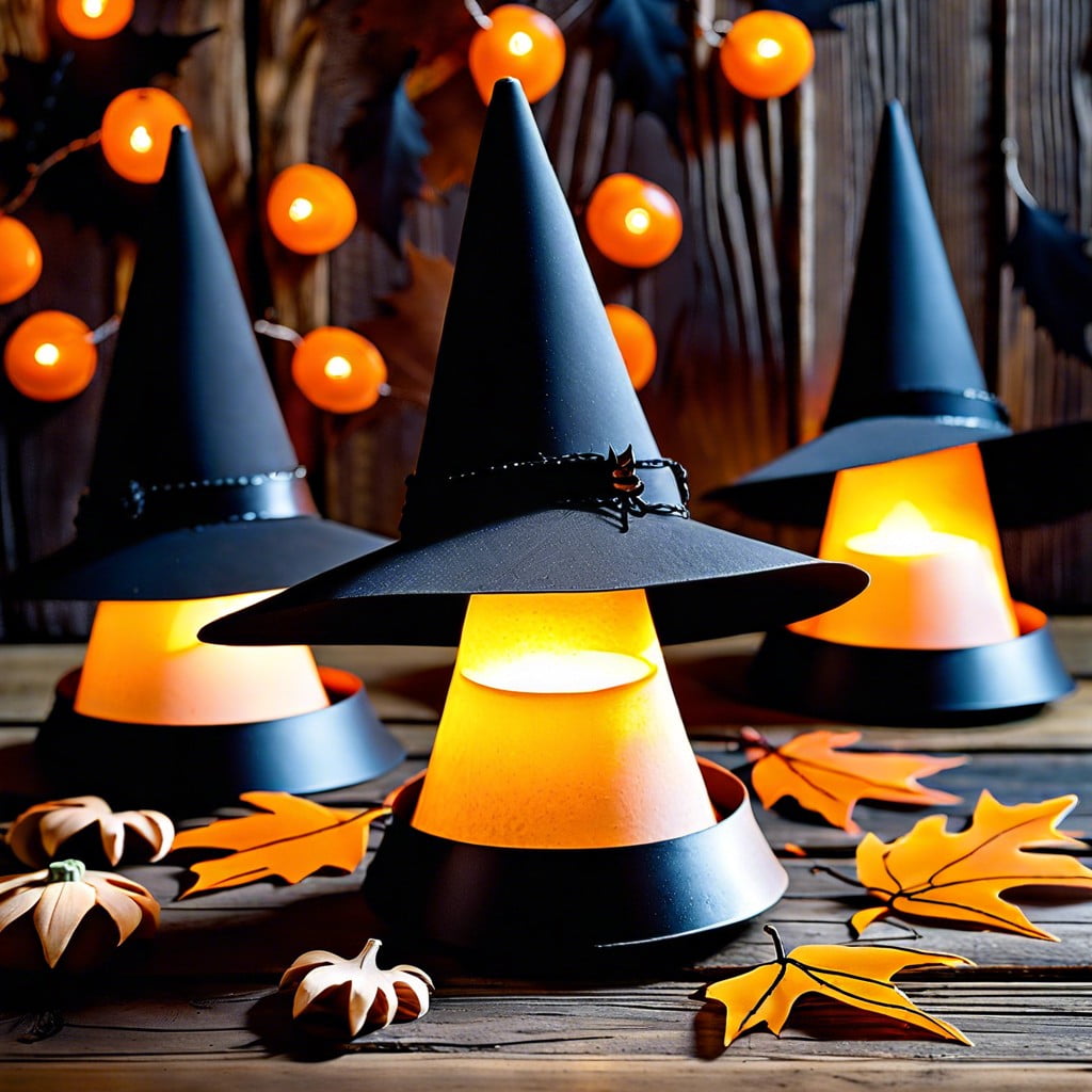 witch hat luminaries decorate and invert paper cones place over small flashlights