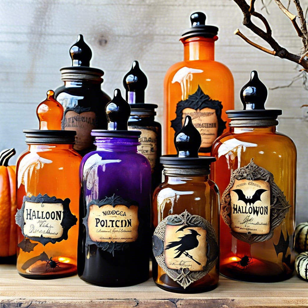 witch potion bottles upcycle glass jars into potion displays with labels