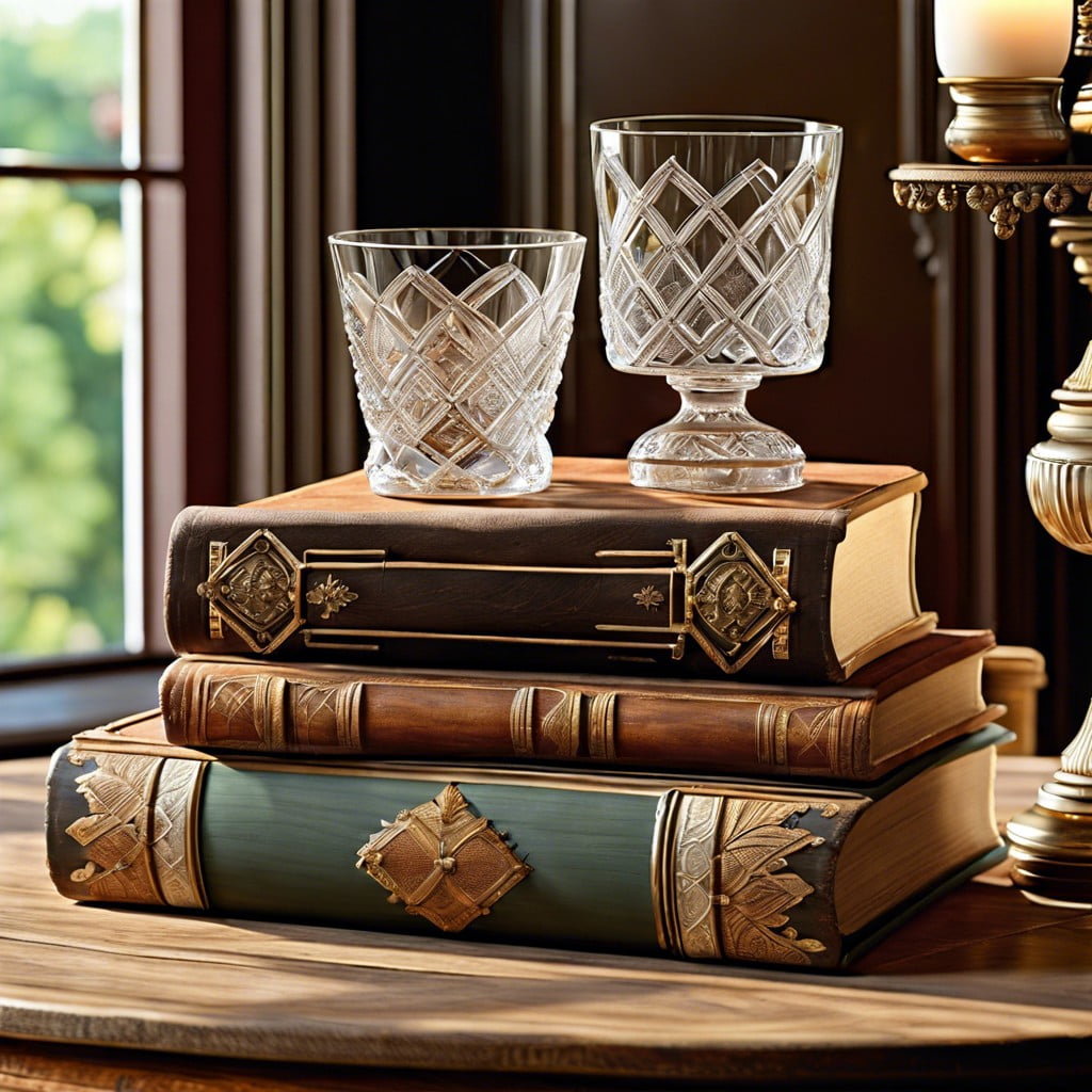 antique book stacks with vintage glasses