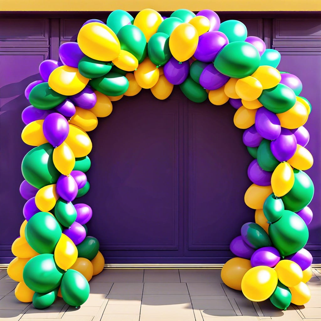 balloon arch in mardi gras colors