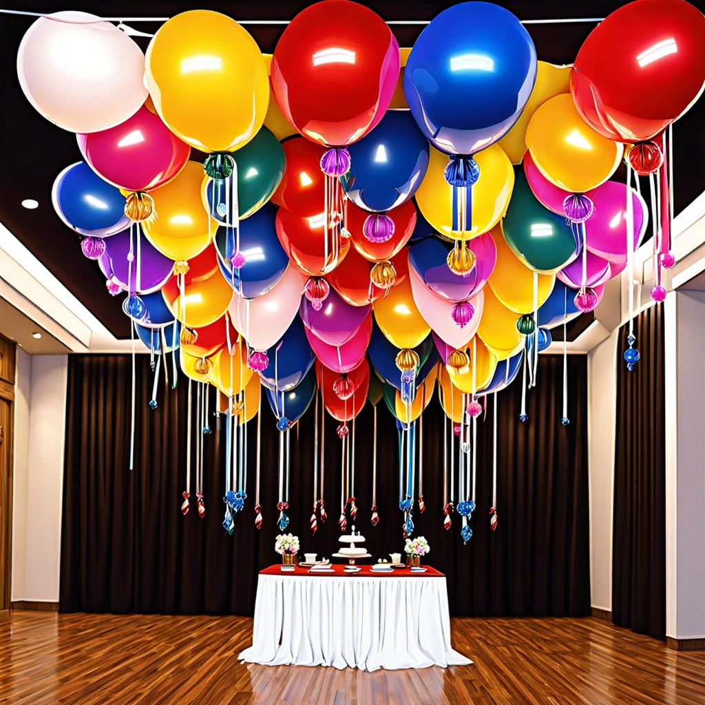 balloon chandelier hang balloons upside down from the ceiling with ribbons and lights