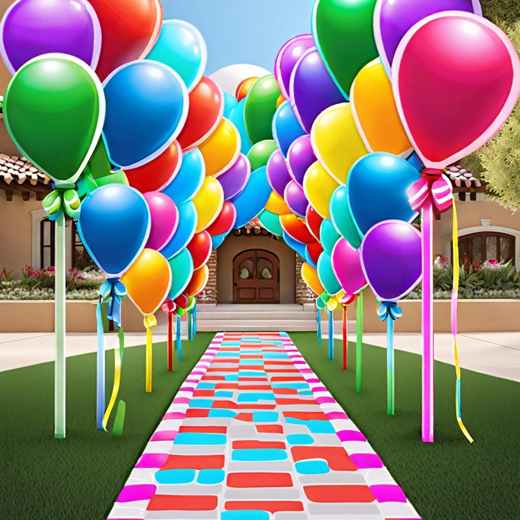 balloon pathway line the walkway to the party area with balloons tied to small stakes