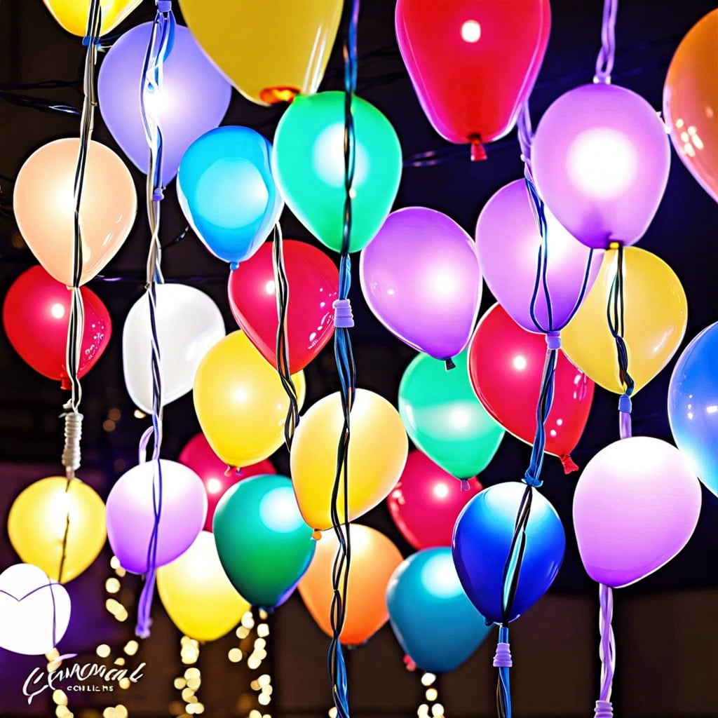 balloons attached to string lights