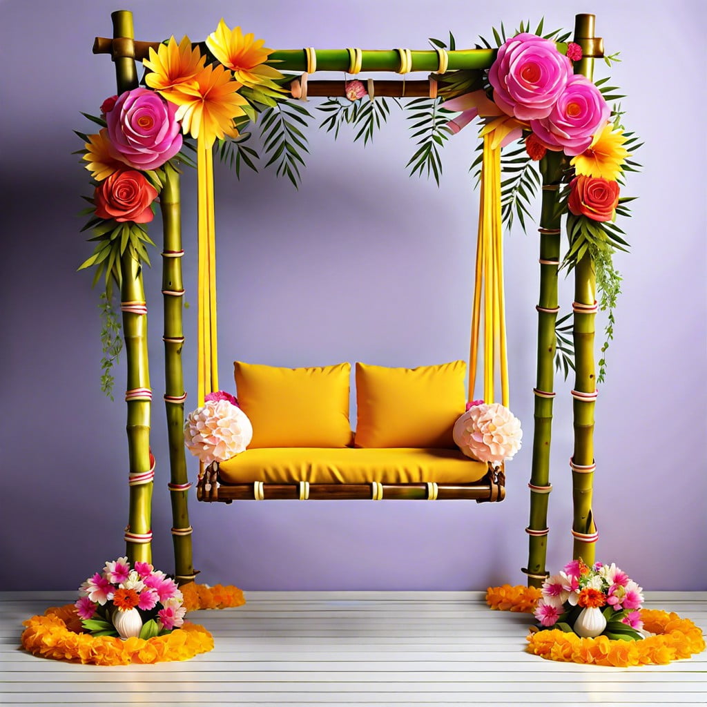 bamboo swings decorated with flowers and ribbons