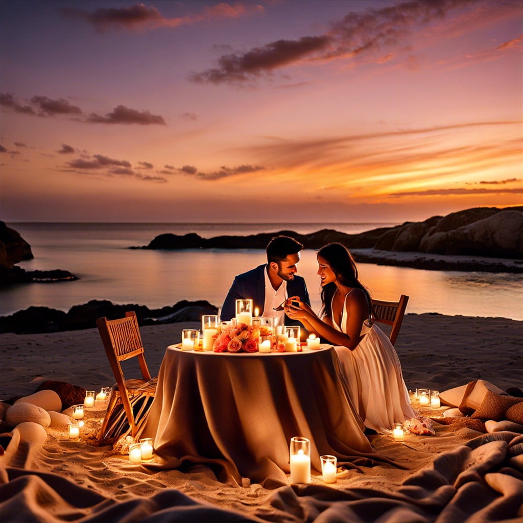 beach picnic setup with fairy lights and candles