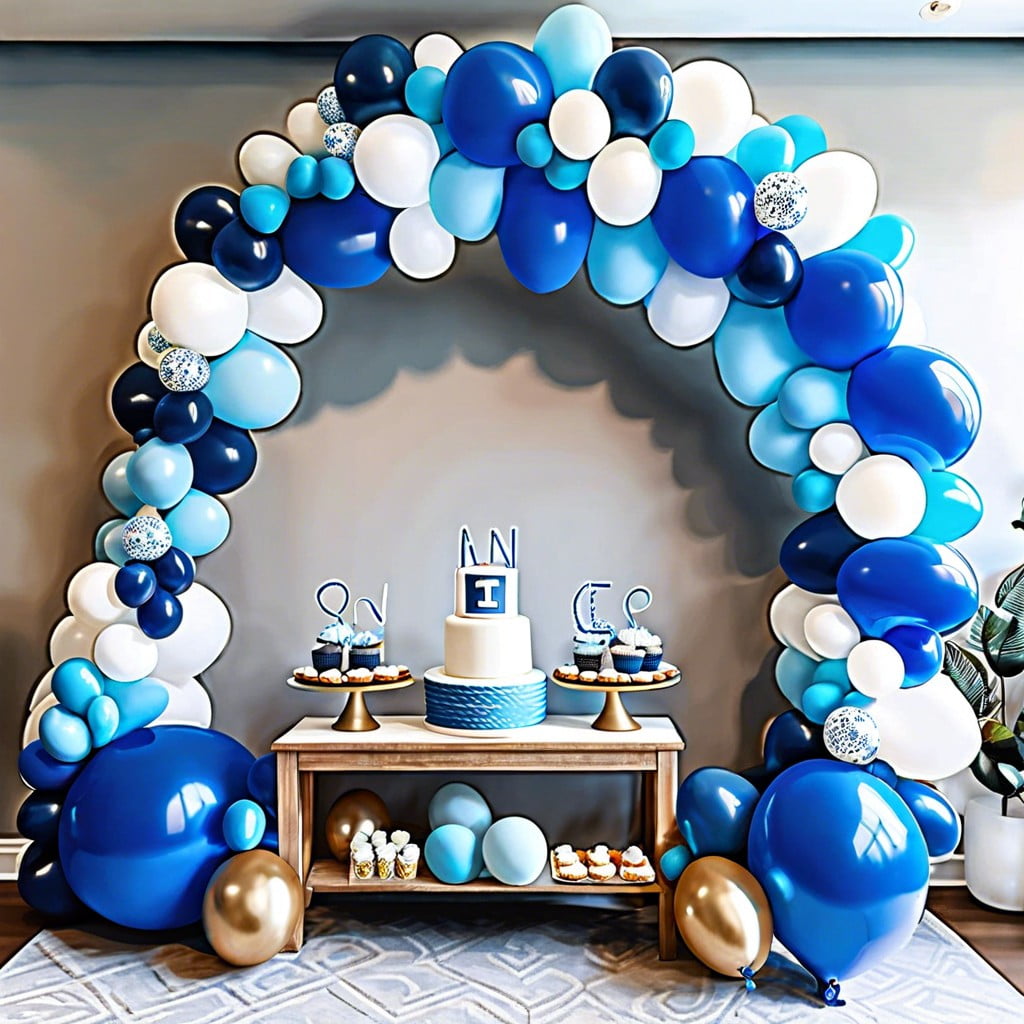 blue and white balloon arch