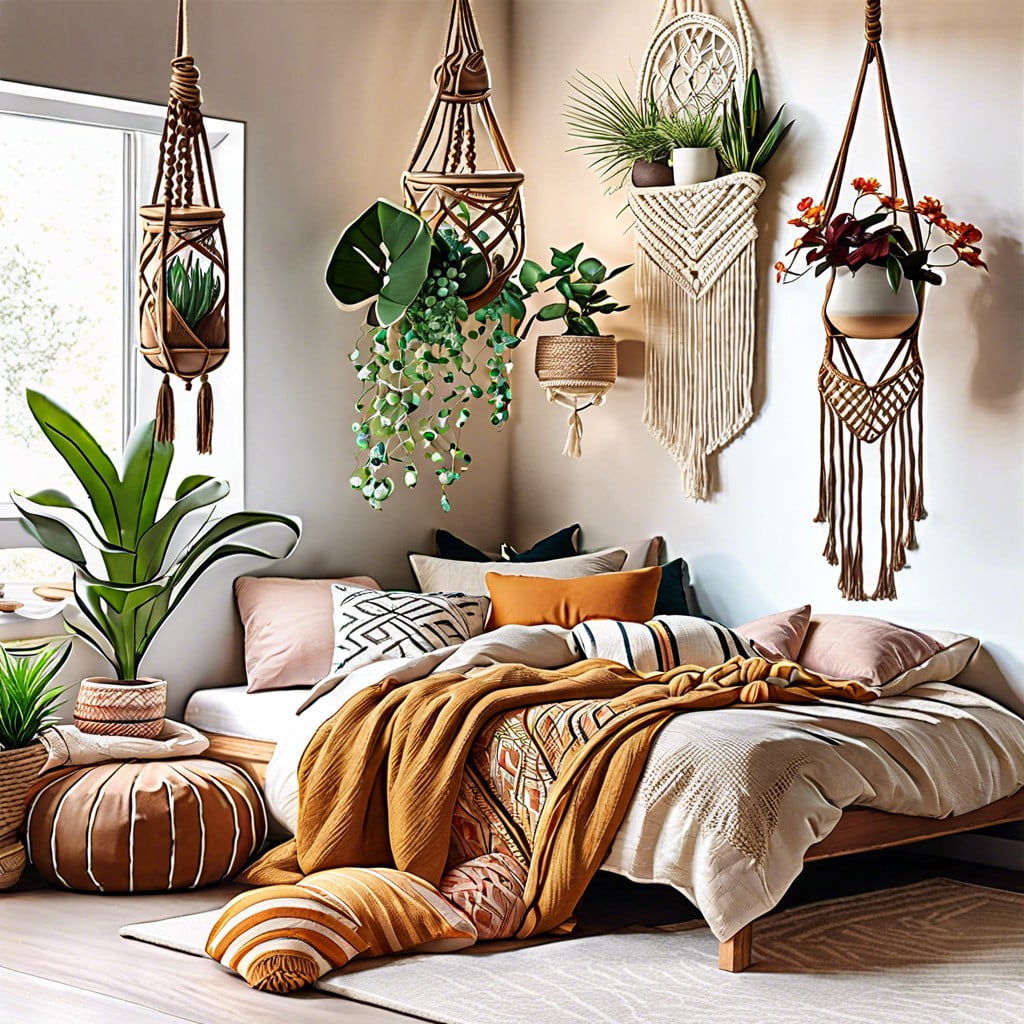 bohemian style hanging plants and macrame wall decor