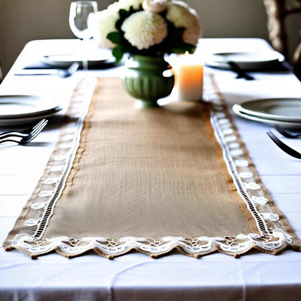 burlap table runner with lace overlay