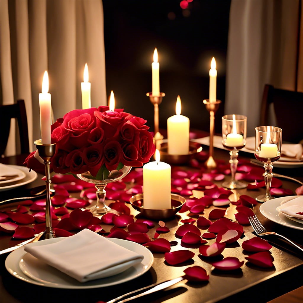 candlelit dinner setup with rose petals