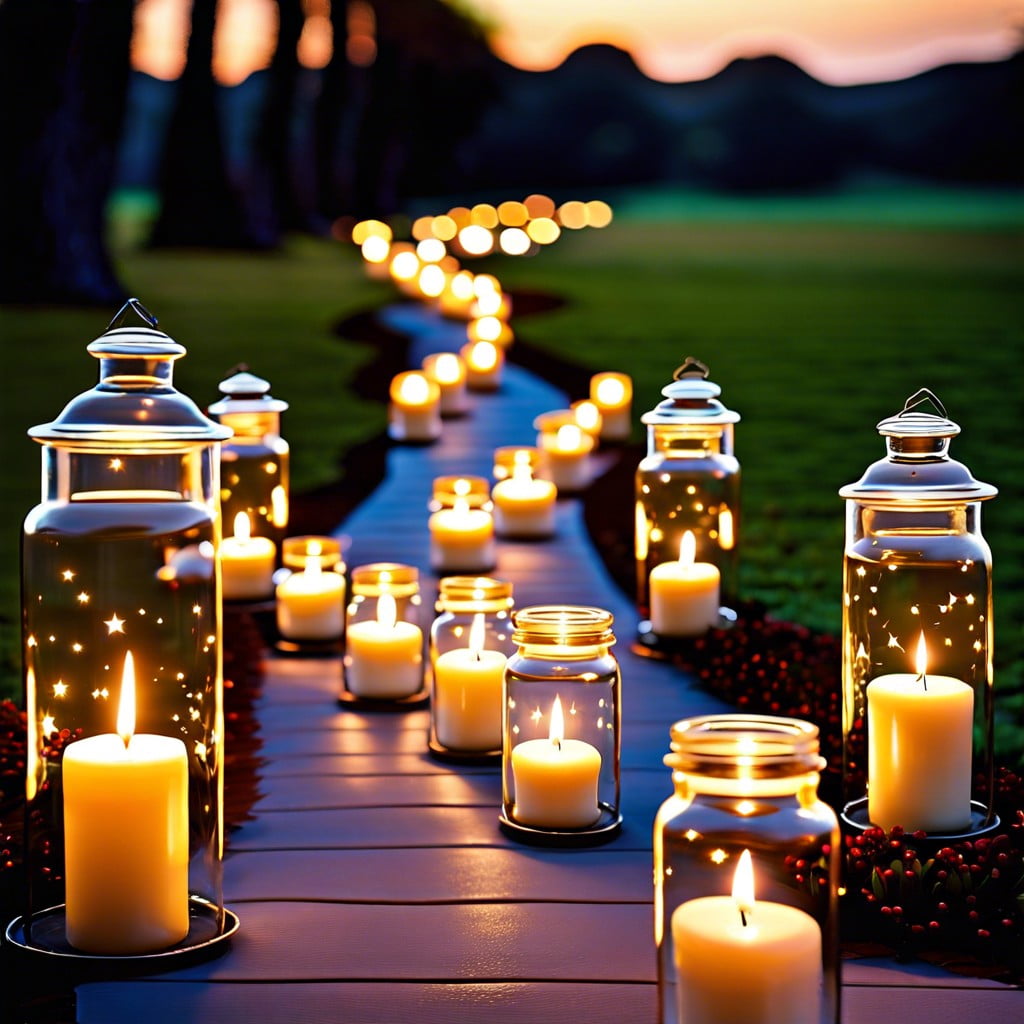 candlelit pathways with floating candles in glass jars