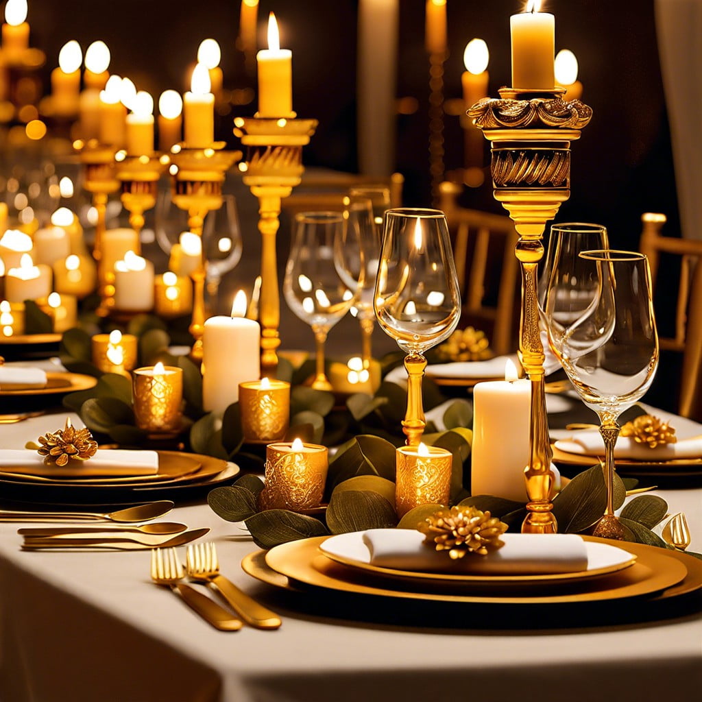 candlelit tables with golden votives