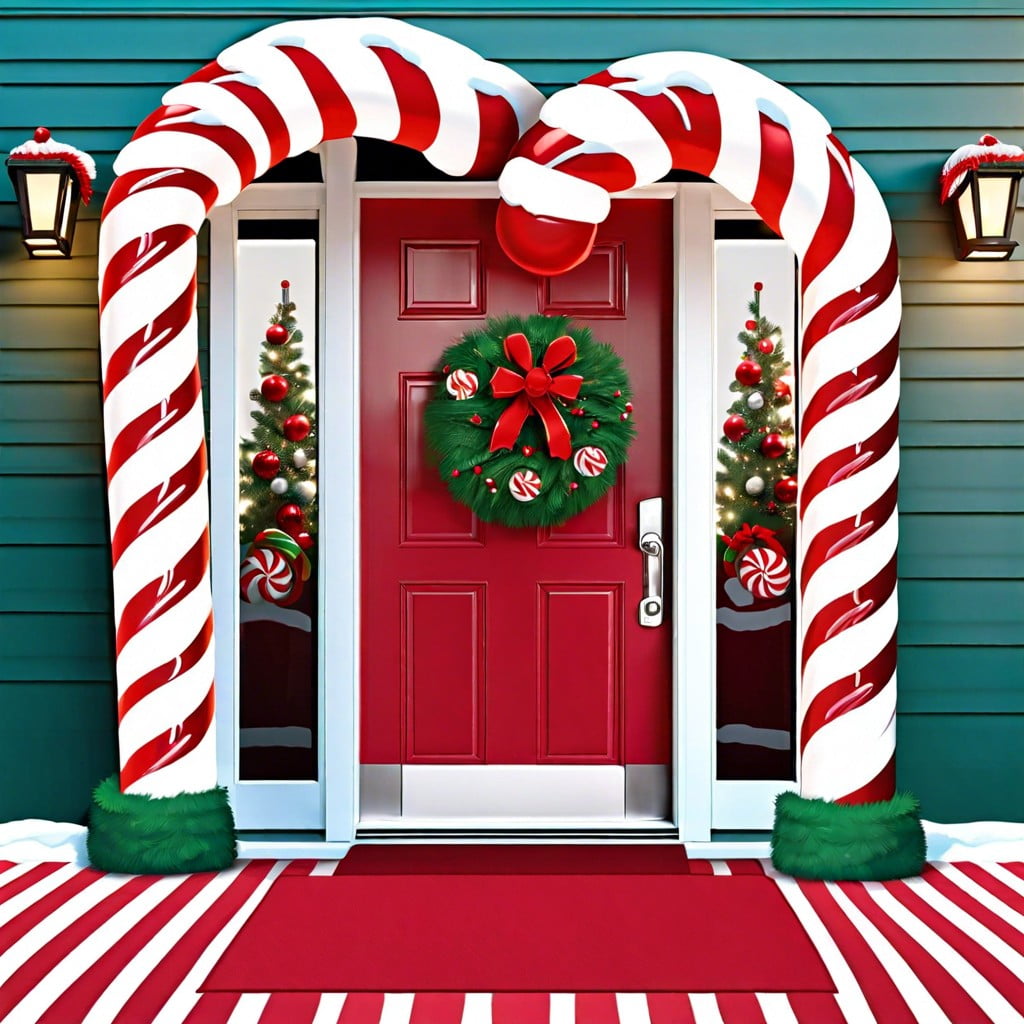candy cane lane use red and white stripes and giant candy canes to frame the door