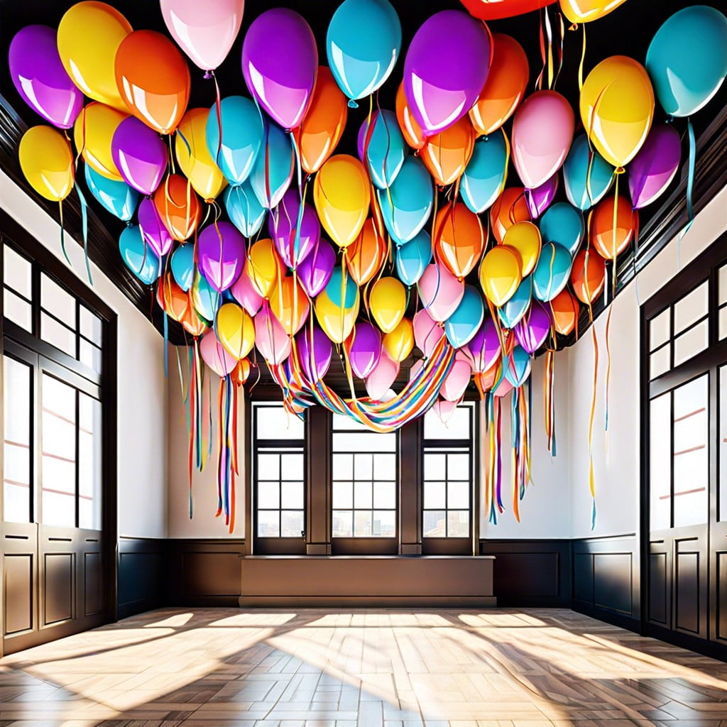 ceiling filled with balloons and trailing ribbons