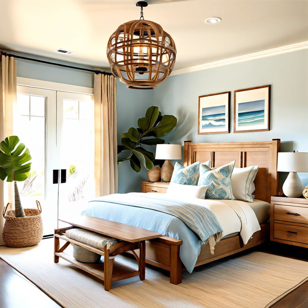 coastal vibe with light blues sandy neutrals and natural woods