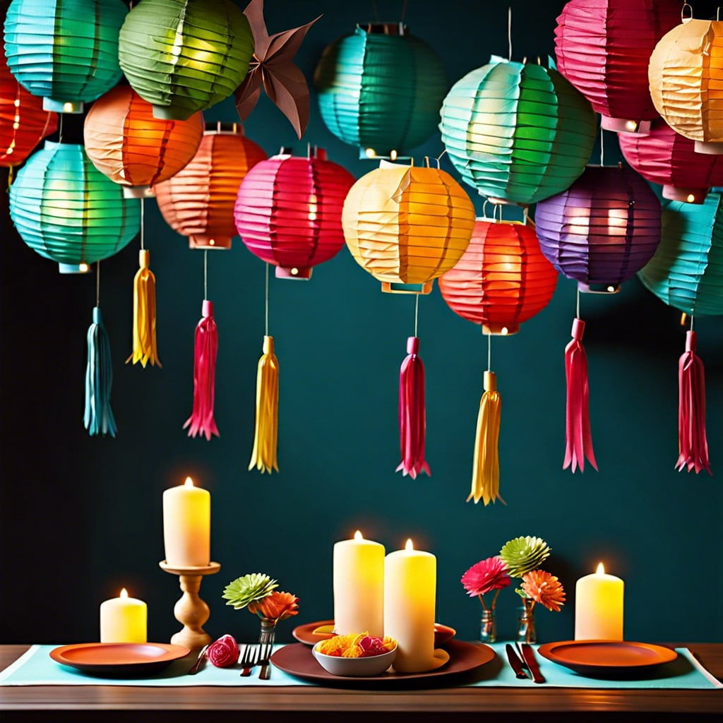 colorful paper lanterns hanging above the table