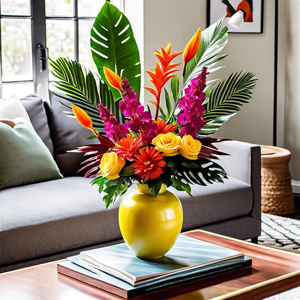 colorful vase with fresh flowers or tropical leaves