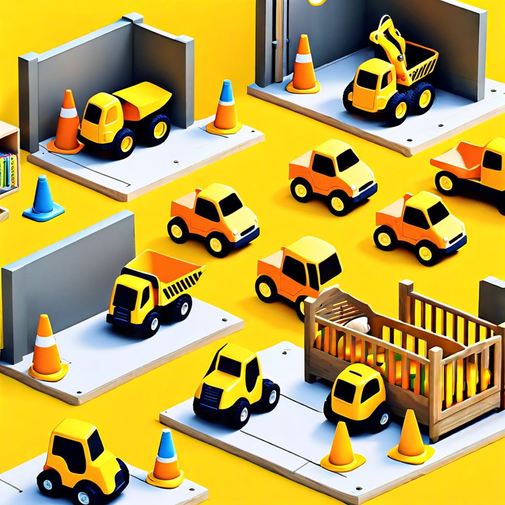 construction site trucks cones and bright yellow accents