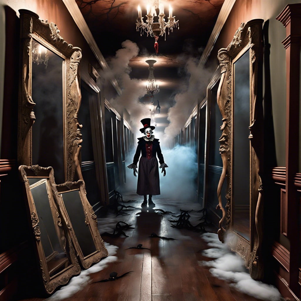 creepy clown corridor with mirrors and smoke