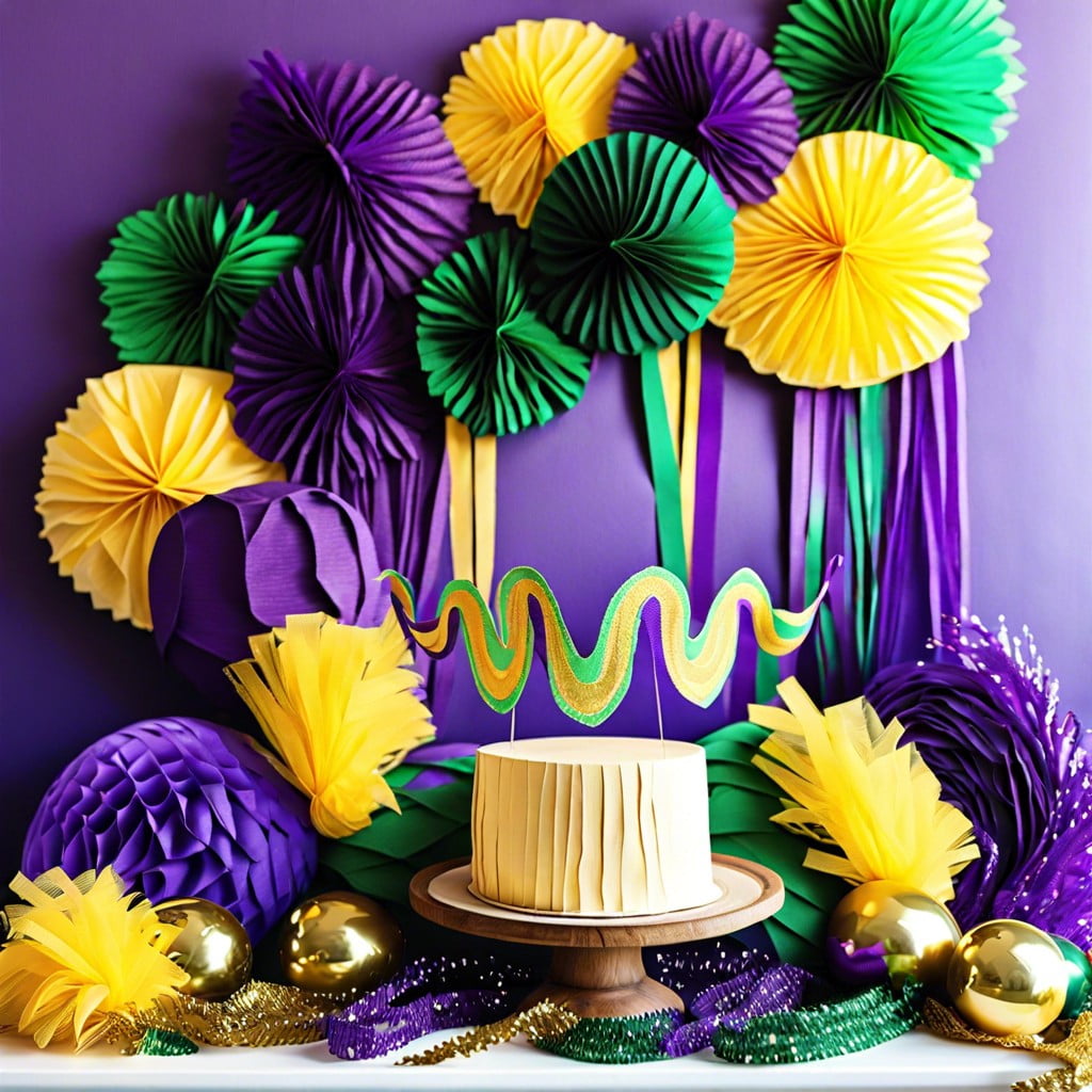 crepe paper streamers in purple green and gold