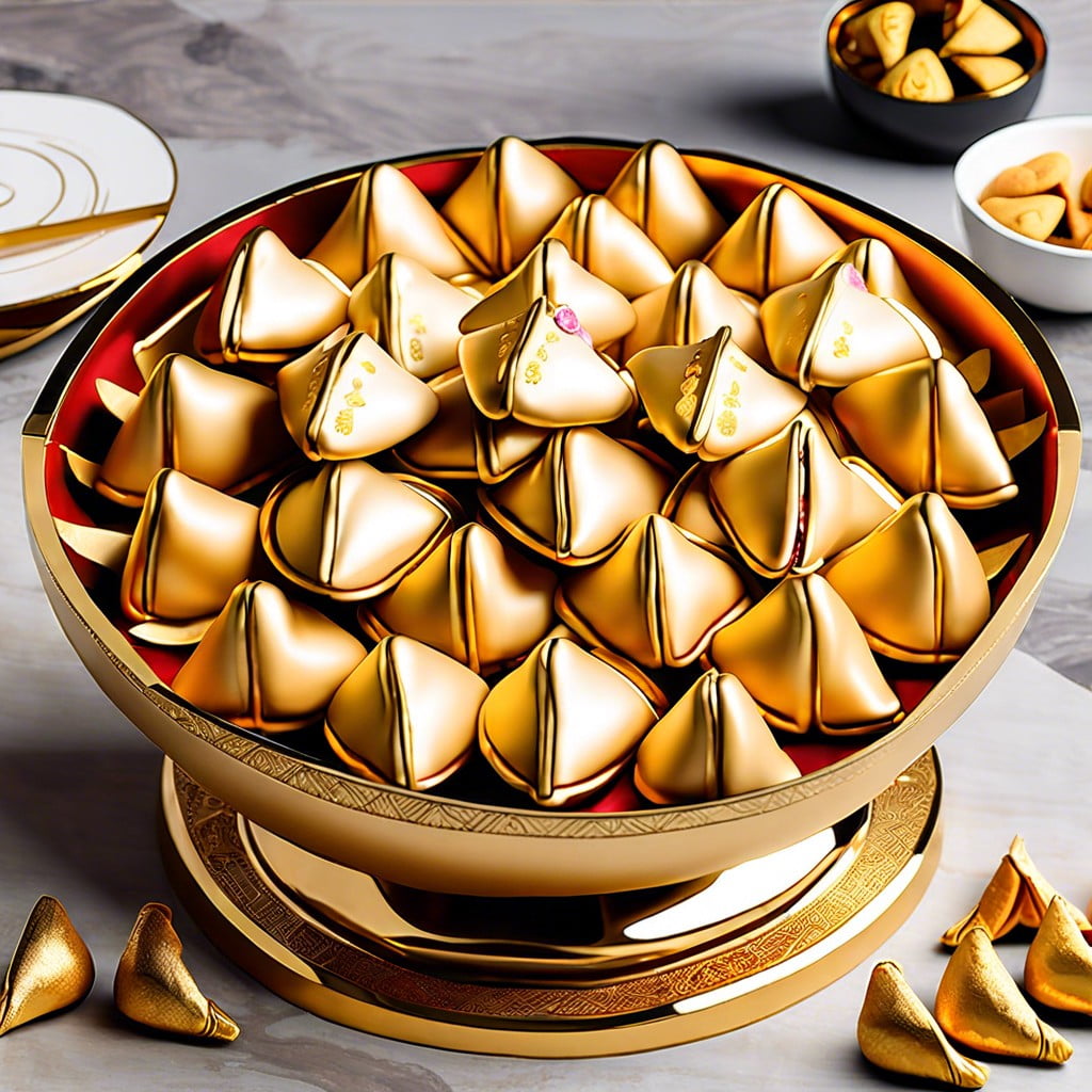 customized fortune cookies in a gold bowl