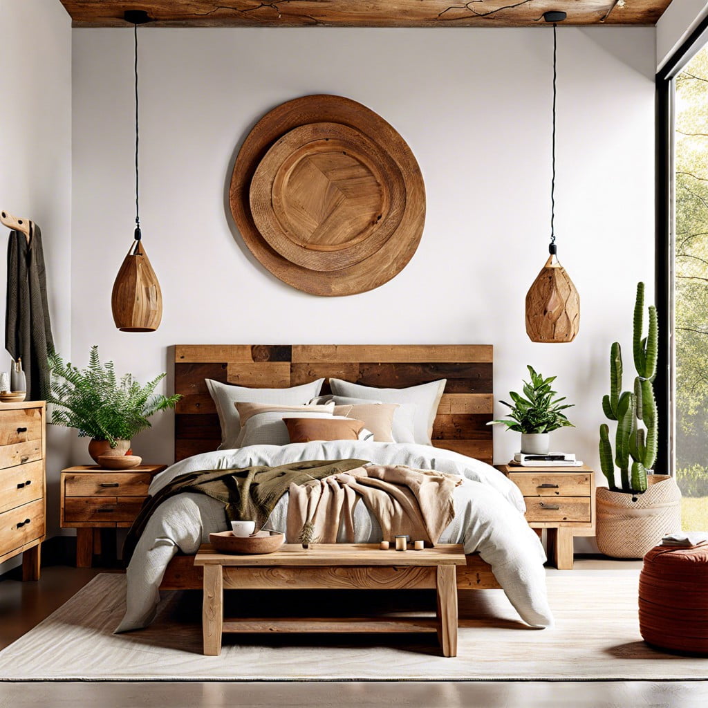 eco friendly setup with reclaimed wood furniture and organic linens